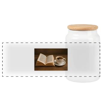 Book and coffee - Panoramic Cookie Jar with Wooden Lid - white - Front