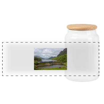 ScotRail train passing Scottish Loch - Panoramic Cookie Jar with Wooden Lid - white - Front