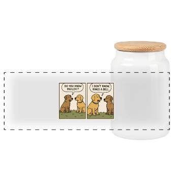 “Rings a Bell” – Funny Pavlov Dog Comic T-Shirt - Panorama Keksdose mit Holzdeckel - Weiß - Vorne