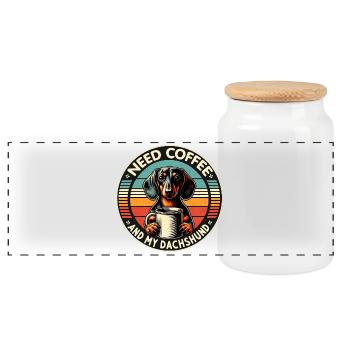 Just need coffee and my dachshund - Panoramic Cookie Jar with Wooden Lid - white - Front