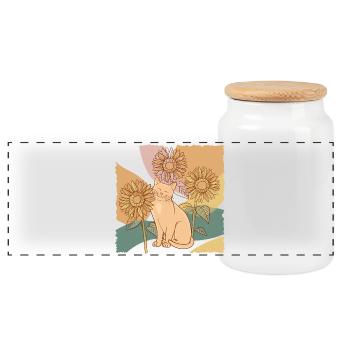 Sunflower Cat - Floral Line Art - Panoramic Cookie Jar with Wooden Lid - white - Front
