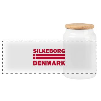 Text der Silkeborg-Dänemark-Flagge - Panorama Keksdose mit Holzdeckel - Weiß - Vorne