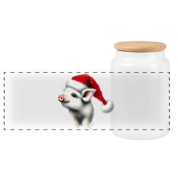 Christmas piglet with Santa hat - Panoramic Cookie Jar with Wooden Lid - white - Front