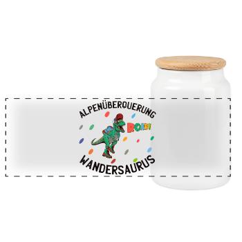 Alpenüberquerung E5 mit Kind (Kinder) - Dino - Panorama Keksdose mit Holzdeckel - Weiß - Vorne