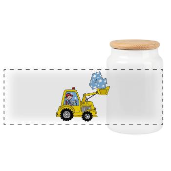 Excavator 4th Birthday - Panoramic Cookie Jar with Wooden Lid - white - Front