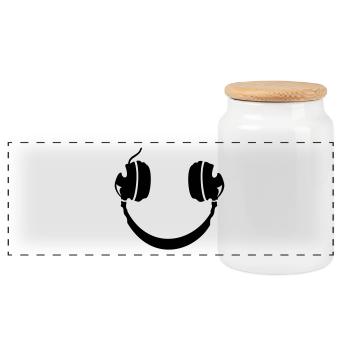 Smiley headphone - Panoramic Cookie Jar with Wooden Lid - white - Front