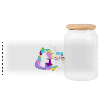 Glitter Licorne "Je résous des problèmes avec des paillettes" - Boîte à biscuits avec couvercle en bois - blanc - Devant