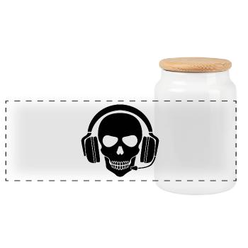 Gamer Totenkopf mit Headset (Schwarz) - Panorama Keksdose mit Holzdeckel - Weiß - Vorne