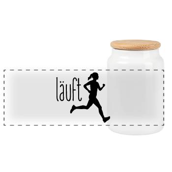 Jogging Frau läuft - Panorama Keksdose mit Holzdeckel - Weiß - Vorne