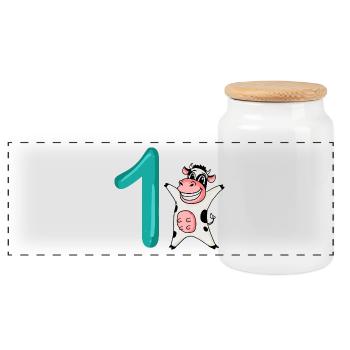 1 Year Old - School Enrollment - Cow Motif - Number 1 - Panoramic Cookie Jar with Wooden Lid - white - Front