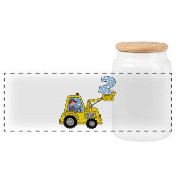 Excavator 2nd Birthday - Panoramic Cookie Jar with Wooden Lid - white - Front