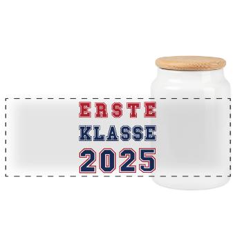 ERSTE KLASSE 2025 - Erstklässler Einschulung - Panorama Keksdose mit Holzdeckel - Weiß - Vorne