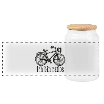 „Ich bin ratlos“ – Vintage Fahrrad Illustration - Panorama Keksdose mit Holzdeckel - Weiß - Vorne