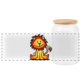 Playful Lion Cartoon Illustration - Panoramic Cookie Jar with Wooden Lid - white - Front