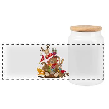 Animals celebrate Christmas - Panoramic Cookie Jar with Wooden Lid - white - Front