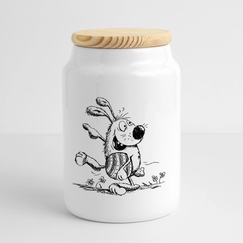 Funny easter bunny with easter egg - easter Panoramic Cookie Jar with Wooden Lid