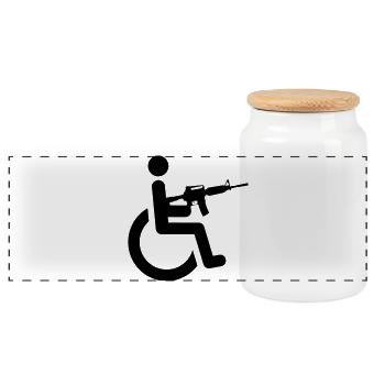 Wheelchair user with weapon # - Panoramic Cookie Jar with Wooden Lid - white - Front