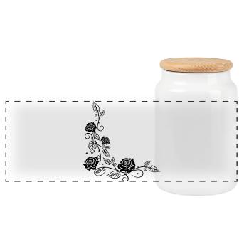 Roses with filigree ornament and leaves, in love - Panoramic Cookie Jar with Wooden Lid - white - Front