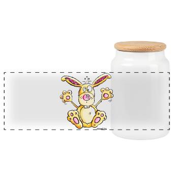 Happy Hase I Kaninchen Cartoon  - Panorama Keksdose mit Holzdeckel - Weiß - Vorne