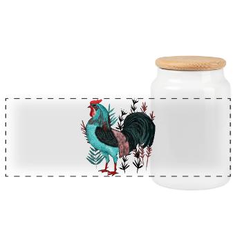 Turquoise rooster in plant design - Panoramic Cookie Jar with Wooden Lid - white - Front