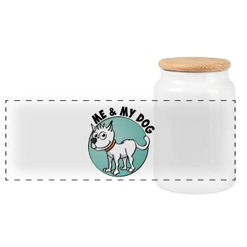 Moi et mon chien. Dessin joyeux d’un chien - Boîte à biscuits avec couvercle en bois - blanc - Devant