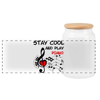Music key with heart and piano Stay cool - Panoramic Cookie Jar with Wooden Lid - white - Front