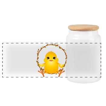 cute fluffy chick in willow wreath - Panoramic Cookie Jar with Wooden Lid - white - Front