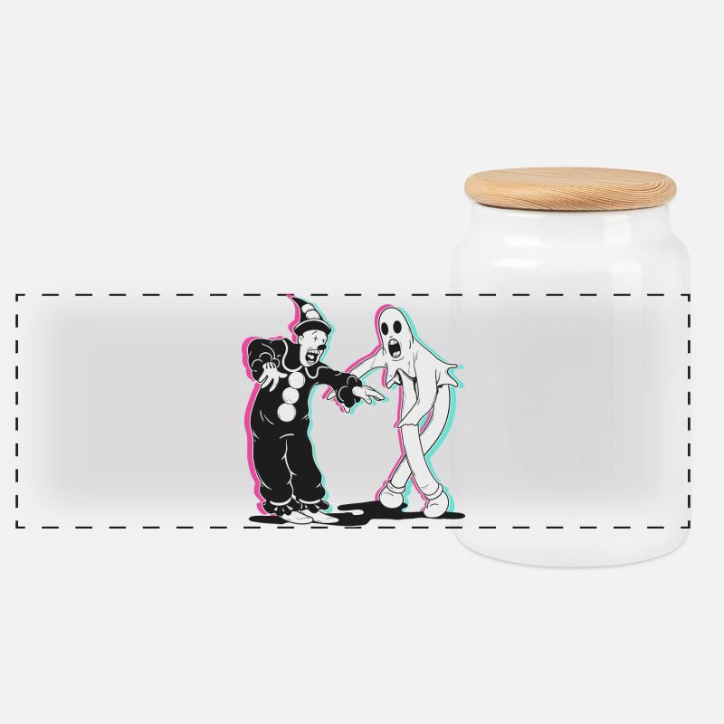 ghost and clown dancing - Panoramic Cookie Jar with Wooden Lid - white
