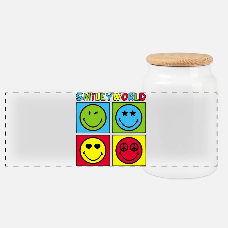 Smileys und vierfarbig - Panorama Keksdose mit Holzdeckel - Weiß