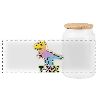 Pastell-T-Rex Cartoon Design - Panorama Keksdose mit Holzdeckel - Weiß - Vorne