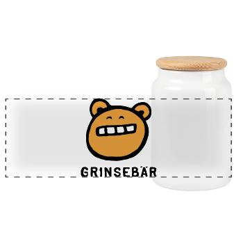 "Grinsebär" lustiger cooler Bär mit Spruch - Panorama Keksdose mit Holzdeckel - Weiß - Vorne