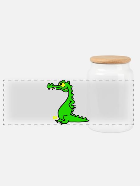 Smiling Crocodile, Three Color Design - Panoramic Cookie Jar with Wooden Lid - white