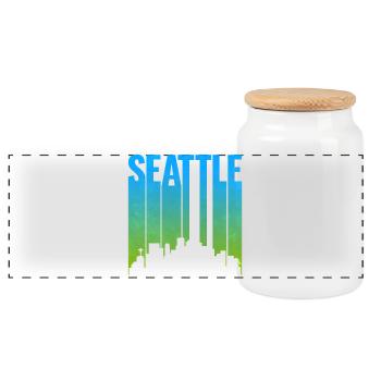 Seattle Neon Skyline Art Print - Panoramic Cookie Jar with Wooden Lid - white - Front