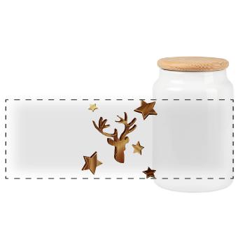 Hirschkopf in Holzoptik mit Sterne für Weihnachten - Panorama Keksdose mit Holzdeckel - Weiß - Vorne