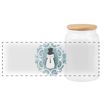 Snowman with top hat, hat and tie in winter - Panoramic Cookie Jar with Wooden Lid - white - Front