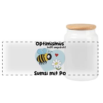 Optimismus Sumsi mit Po - Lustiger Cartoon - Panorama Keksdose mit Holzdeckel - Weiß - Vorne