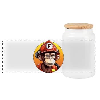 Firefighter / Monkey - Panoramic Cookie Jar with Wooden Lid - white - Front