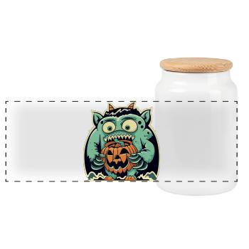 Monstrous creature and scary pumpkin - Panoramic Cookie Jar with Wooden Lid - white - Front