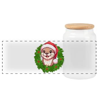 Cute Otter Christmas Design for the Holidays - Panoramic Cookie Jar with Wooden Lid - white - Front