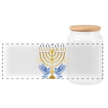 gold-colored Hanukkah candlestick with two doves - Panoramic Cookie Jar with Wooden Lid - white - Front