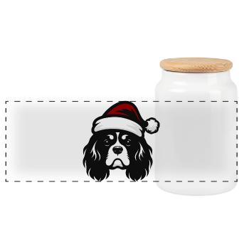 Cavalier King Christmas Beanie | Winter Outfit - Panoramic Cookie Jar with Wooden Lid - white - Front