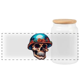 Totenkopf mit Pilzhut - Panorama Keksdose mit Holzdeckel - Weiß - Vorne