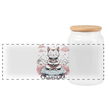 Namaste-Katze, Zen-Katze meditierend, Humor - Panorama Keksdose mit Holzdeckel - Weiß - Vorne