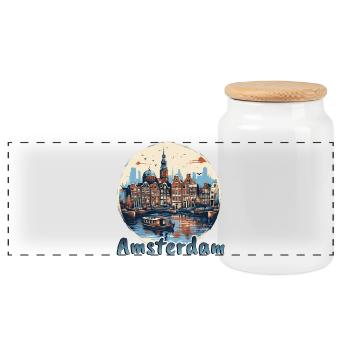 Amsterdam Colonial Buildings Harbour Vintage - Panoramic Cookie Jar with Wooden Lid - white - Front