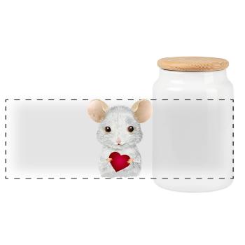 cute white mouse with heart for valentine's day - Panoramic Cookie Jar with Wooden Lid - white - Front