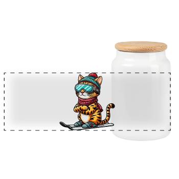 Ski Bengal Cat, Skier Cat - Panoramic Cookie Jar with Wooden Lid - white - Front
