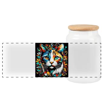 Cat - Panoramic Cookie Jar with Wooden Lid - white - Front