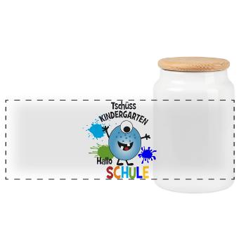 Monster Blue - Goodbye Kindergarten - Hello School - Panoramic Cookie Jar with Wooden Lid - white - Front