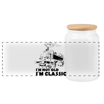 alte Lok Eisenbahn Schmalspur Illustration lustig - Panorama Keksdose mit Holzdeckel - Weiß - Vorne