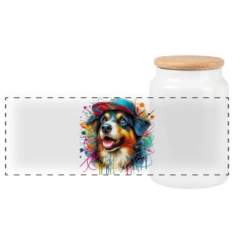 Chien avec casquette de baseball - Boîte à biscuits avec couvercle en bois - blanc - Devant